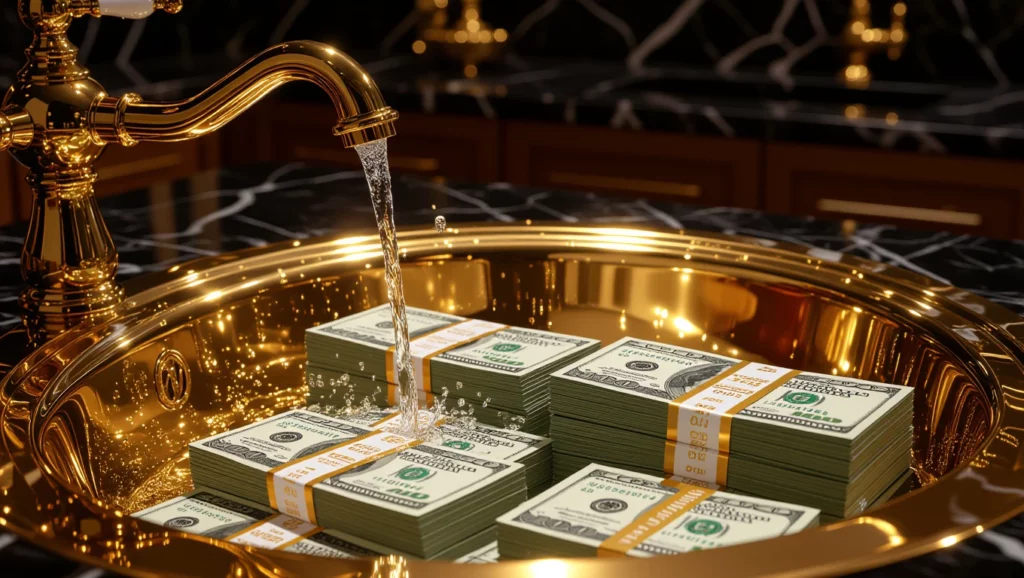 Egy aranyozott mosogatóban kötegelt pénz áll, miközben víz folyik rá.