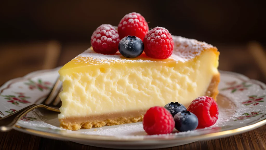 Egy szelet piskóta, friss gyümölcsökkel és porcukorral díszítve, étvágygerjesztő megjelenéssel.