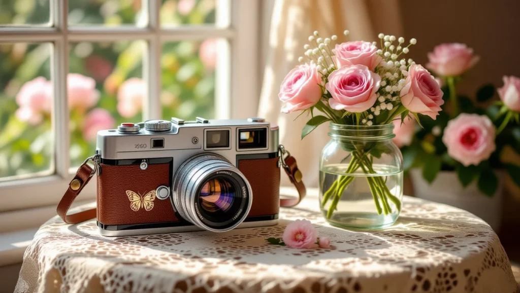 Egy vintage polaroid fényképezőgép áll egy asztalon, mellette rózsák egy vázában, napfény világítja meg a szobát.