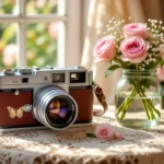 Egy vintage polaroid fényképezőgép áll egy asztalon, mellette rózsák egy vázában, napfény világítja meg a szobát.