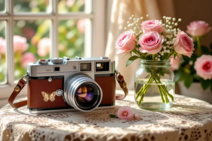 Egy vintage polaroid fényképezőgép áll egy asztalon, mellette rózsák egy vázában, napfény világítja meg a szobát.