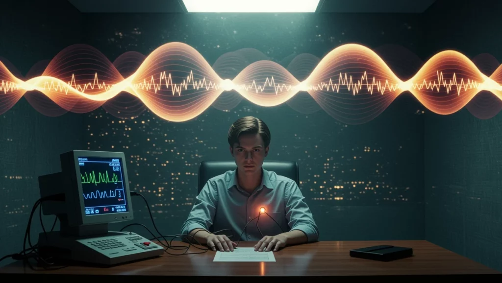 Egy fiatal férfi ül egy asztalnál, miközben egy poligráf készülék van előtte, a háttérben hullámformák láthatók.