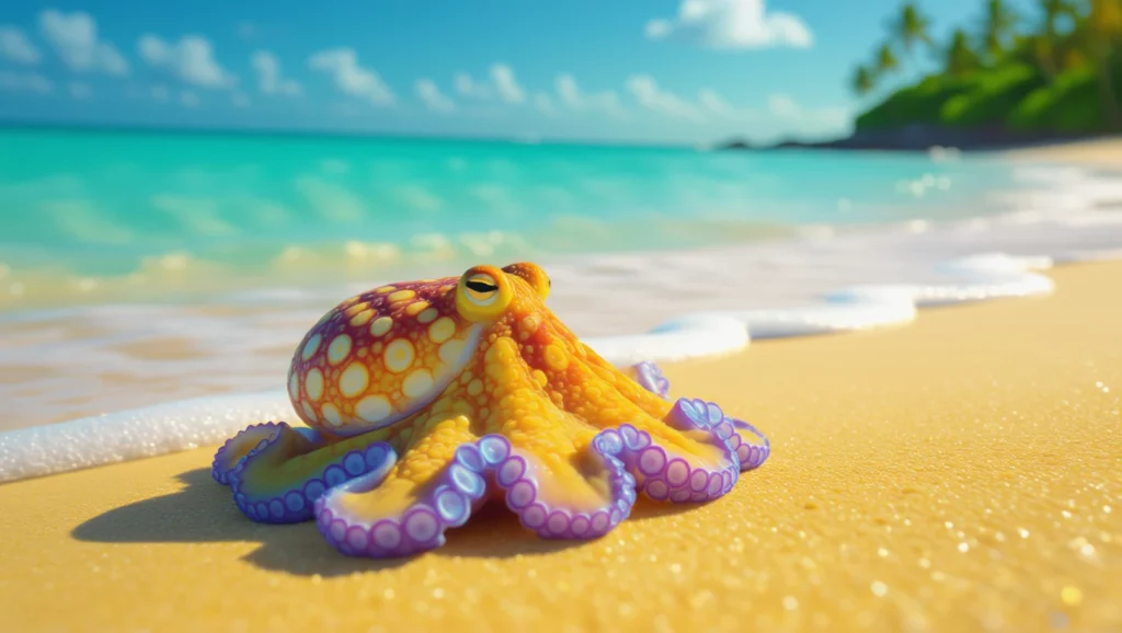 Egy színes polip fekszik a tengerparton, a víz és a napfény csillogásában, szimbolizálva a bonyolult élethelyzeteket.