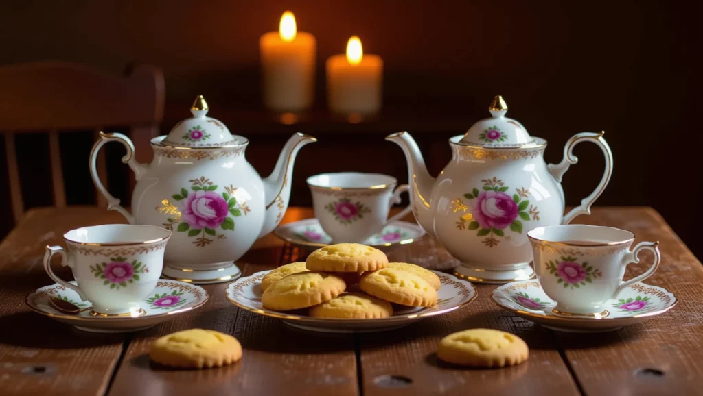 Egy elegáns porcelán teáskészlet, mellette sütemények, gyertyafény mellett, a harmónia és barátság szimbóluma.