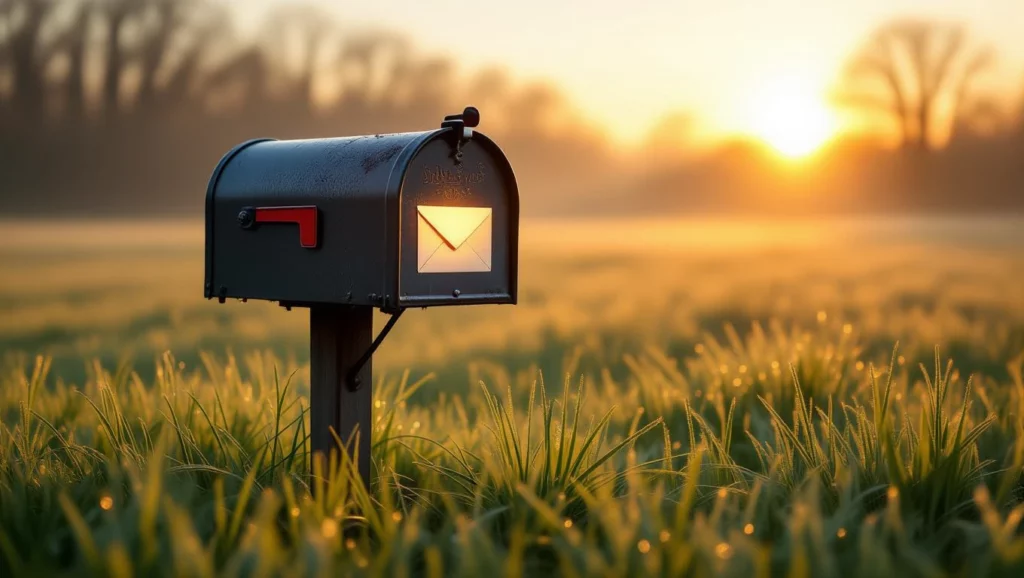 Egy postaláda áll egy zöld fűvel borított mezőn, háttérben napfelkeltével.
