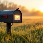 Egy postaláda áll egy zöld fűvel borított mezőn, háttérben napfelkeltével.