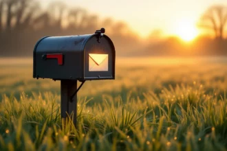 Egy postaláda áll egy zöld fűvel borított mezőn, háttérben napfelkeltével.