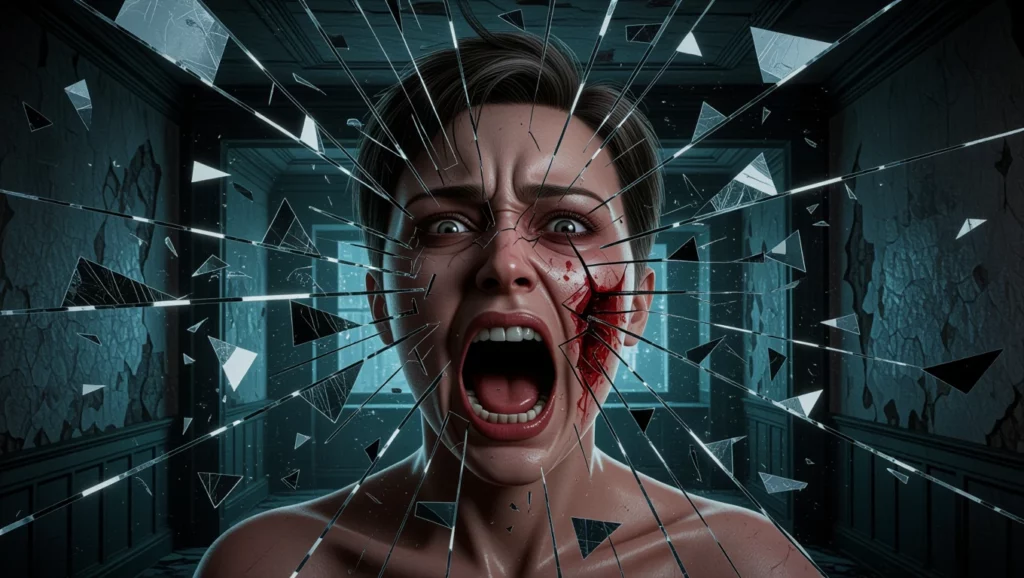Egy rémült nő arca, amelyen a félelem és a fájdalom tükröződik, körülötte törött üvegdarabok.