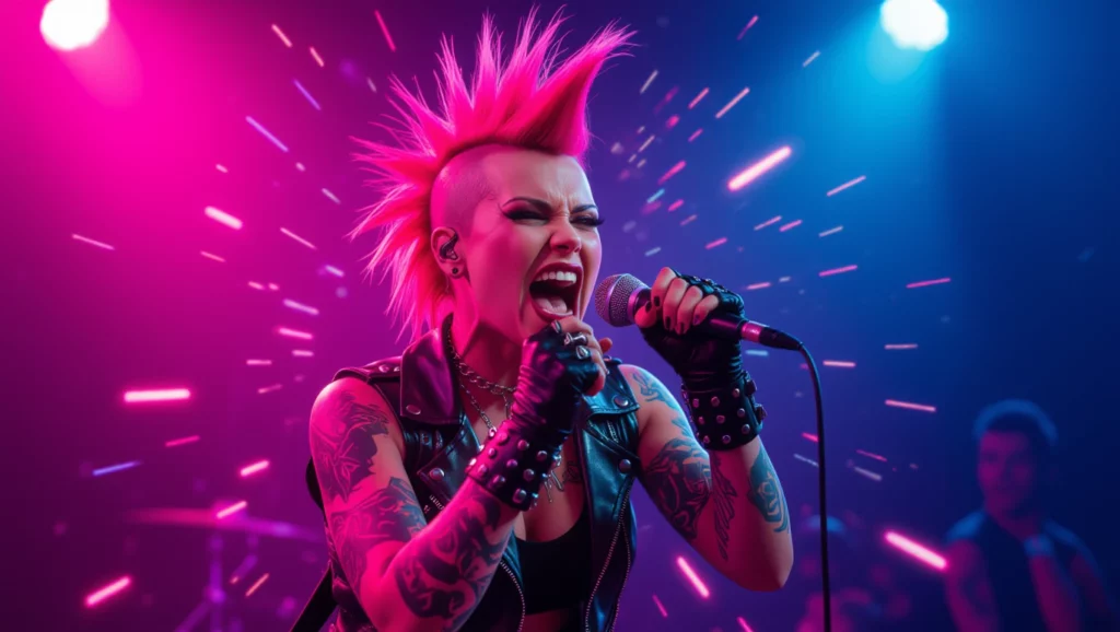 Egy punk zenész élénk színekben énekel a színpadon, kifejezve az önkifejezést és a lázadást.