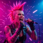 Egy punk zenész élénk színekben énekel a színpadon, kifejezve az önkifejezést és a lázadást.