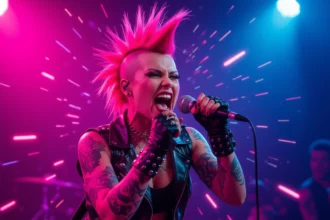 Egy punk zenész élénk színekben énekel a színpadon, kifejezve az önkifejezést és a lázadást.