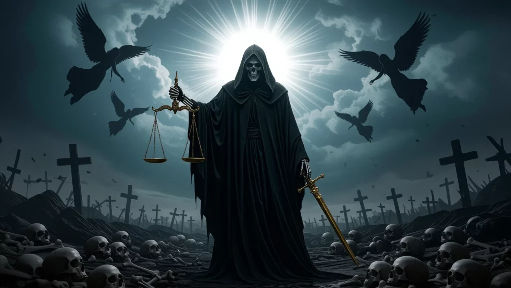 A halál szimbóluma, a mérleg és a kard, a pusztulás és az élet határvonalán áll. Az álom a végső döntések és a lelkiismeret súlyát jelzi.