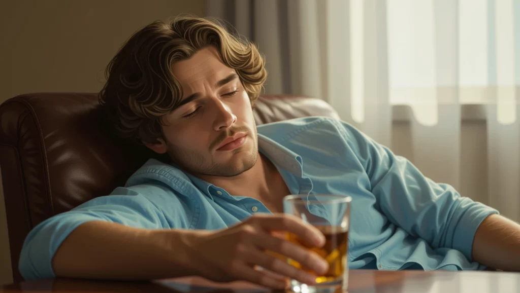 Egy fiatal férfi, aki fáradtan ül egy bőrkanapén, kezében egy pohár ital, az ablak mögött lágy fény szűrődik be.