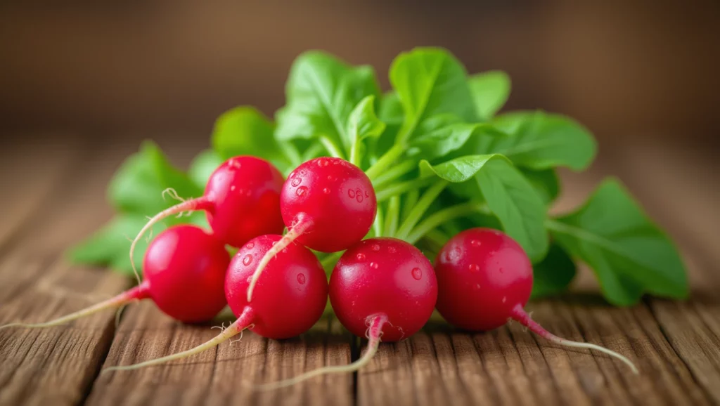 Friss, piros retekszemek zöld levelekkel, fából készült felületen, természetes fényben.