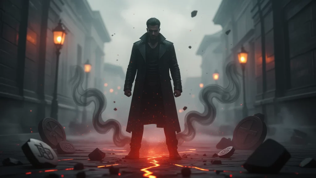 Egy férfi áll egy ködös utcán, körülötte füst és törött kövek, szimbolizálva a revans vágyát.