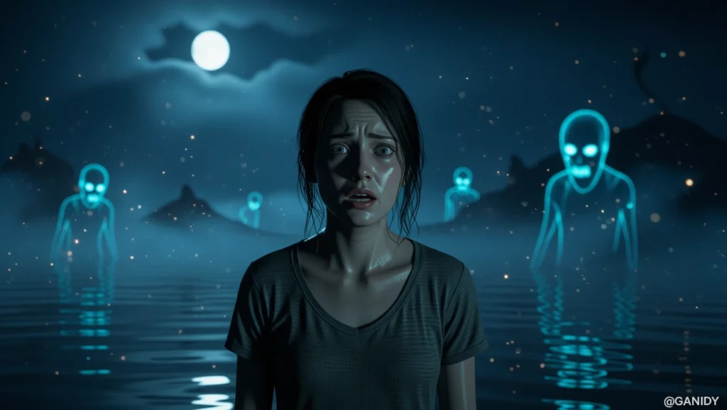 Egy riadt nő áll a vízparton, mögötte kísérteties, fénylő alakokkal a ködben, ami álomszerű hangulatot teremt.