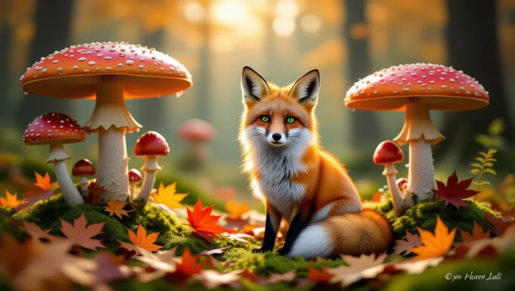 Egy róka ül gombák között, őszi erdőben, színes falevelekkel.