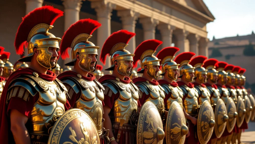 Római katonák sorakoznak fel díszes páncélzatban, a háttérben ókori épületek láthatók, ami az erőt és a fegyelmet szimbolizálja.