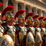 Római katonák sorakoznak fel díszes páncélzatban, a háttérben ókori épületek láthatók, ami az erőt és a fegyelmet szimbolizálja.