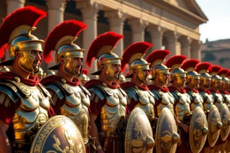 Római katonák sorakoznak fel díszes páncélzatban, a háttérben ókori épületek láthatók, ami az erőt és a fegyelmet szimbolizálja.