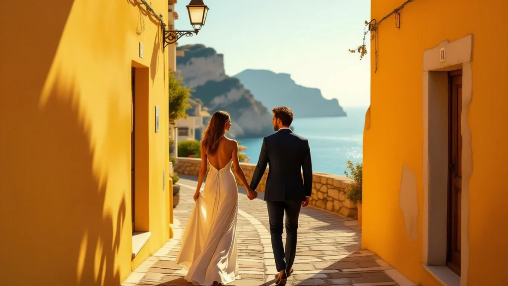 Egy pár romantikus sétát tesz egy napfényes tengerparti utcán, kézen fogva.