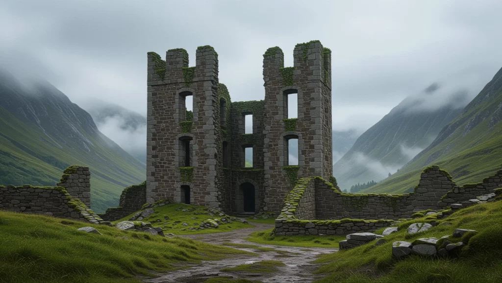 Romantikus romok egy zöldellő völgyben, ködös hegyek között.