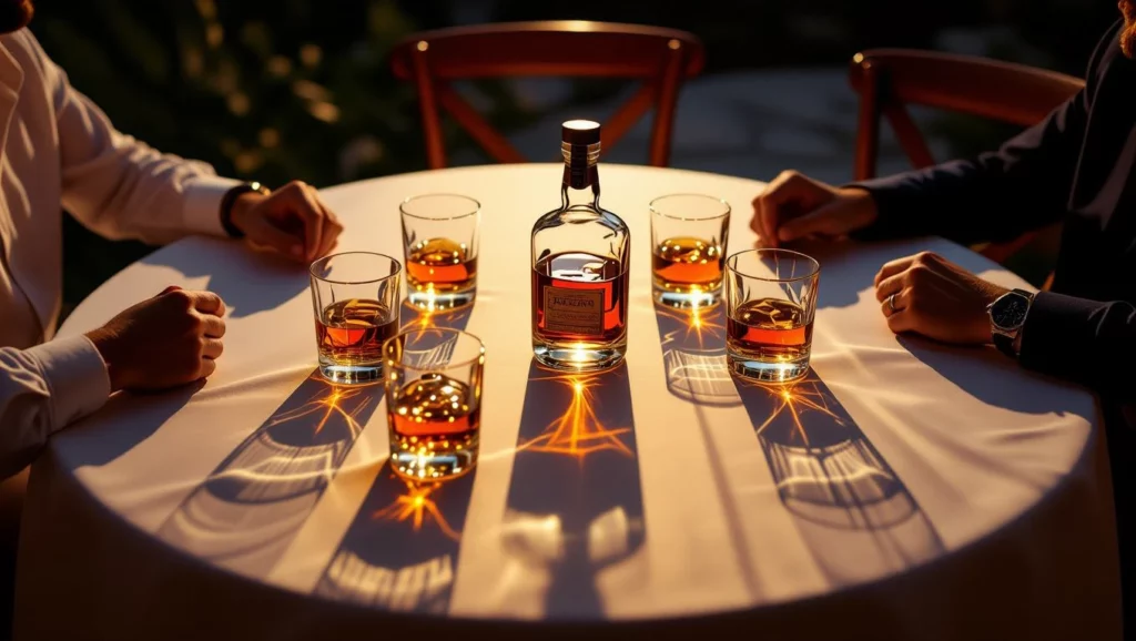 Egy asztalon elhelyezett üveg rövidital és poharak, baráti társaság körében.