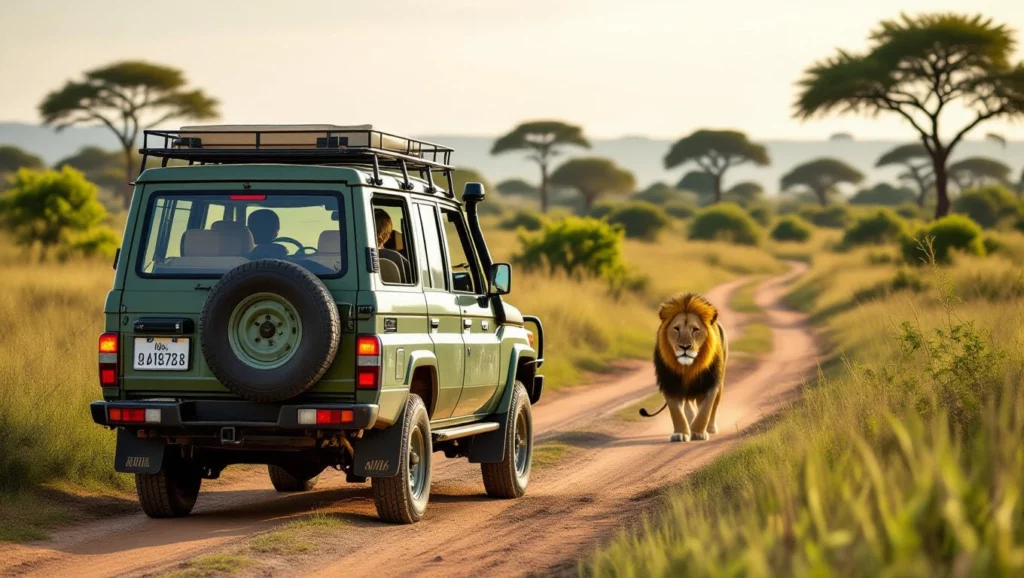 Egy autó és egy oroszlán találkozása a szavannán álmainkban a bátorságot és az önbizalmat szimbolizálja.