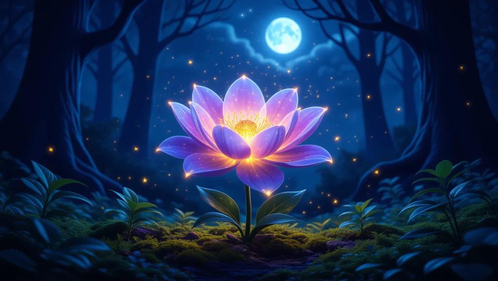 Egy varázslatos virág világít a sötét erdőben, a telihold fényében.