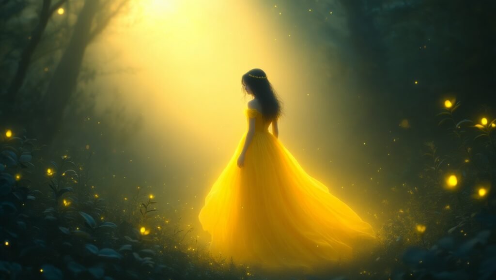Az álomban sárga ruhát viselő lány a fényben áll, ami a boldogságot és az új kezdeteket jelképezi.