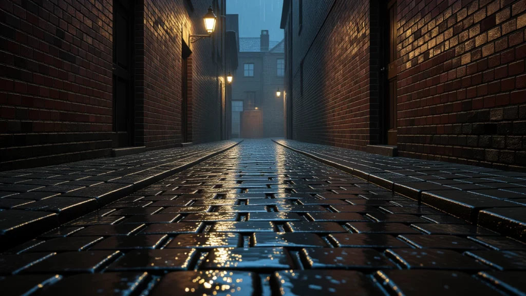 Egy sötét, esős sikátor, ahol a köveken csillognak a vízcseppek, és lámpák világítanak.