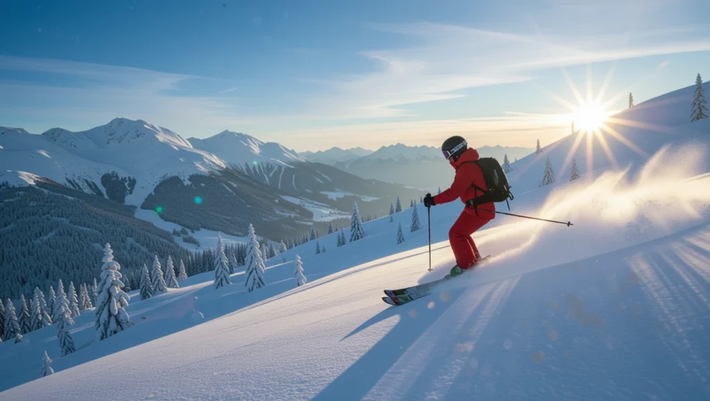 A síelés álma a szabadban, a hegyek között, napsütésben és friss hóban.