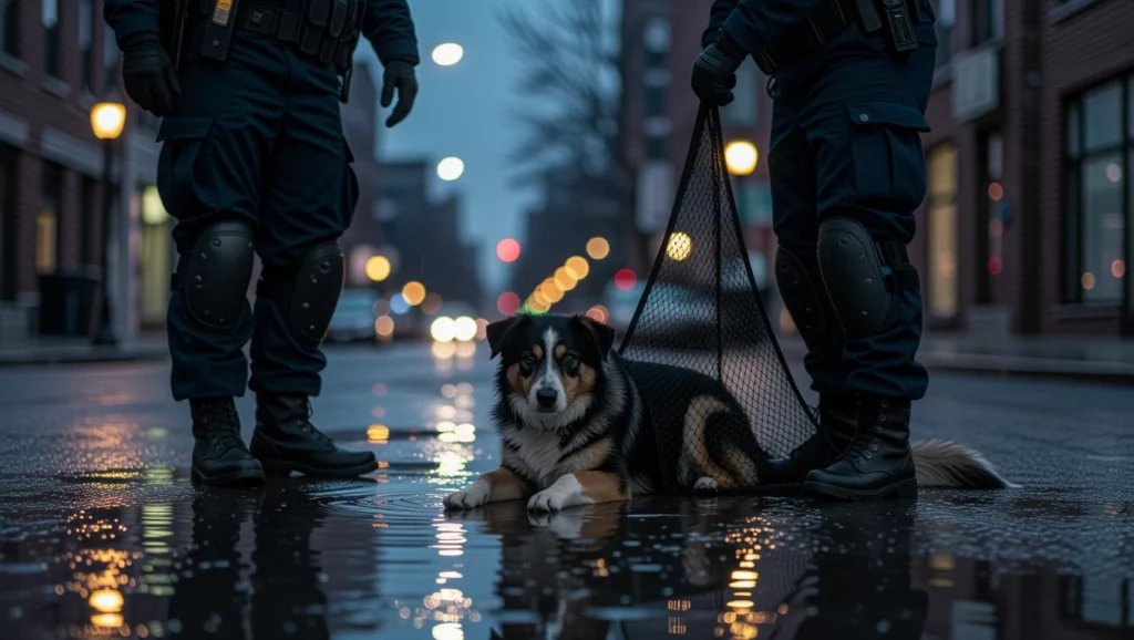 Két rendőr áll egy vizes utcán, egy hálóban fekvő kutyával, ami szomorú és félelmet keltő hangulatot áraszt.