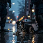 Két rendőr áll egy vizes utcán, egy hálóban fekvő kutyával, ami szomorú és félelmet keltő hangulatot áraszt.