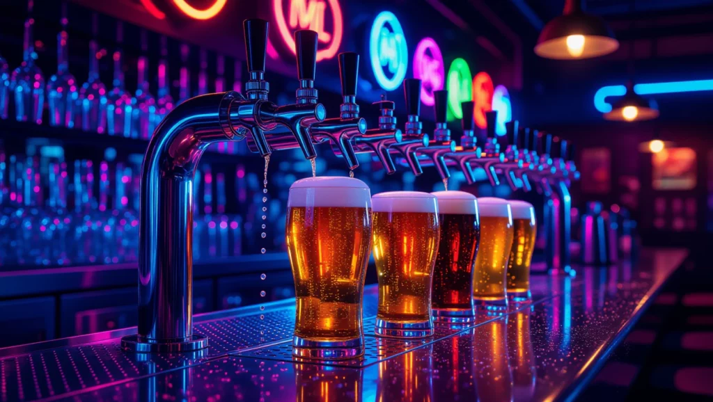 Több sörcsap áll sorban egy neonfényes bárban, különböző sörökkel teli poharak mellett.