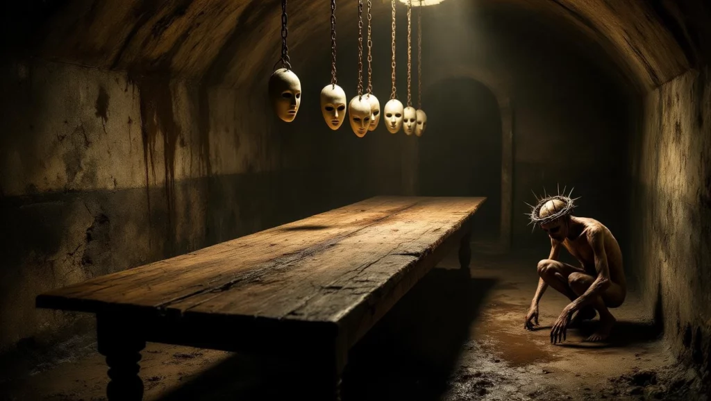 A sötét helyiségben egy ember ül, körülötte maszkok lógnak, amely álmaink félelmeit szimbolizálhatja.