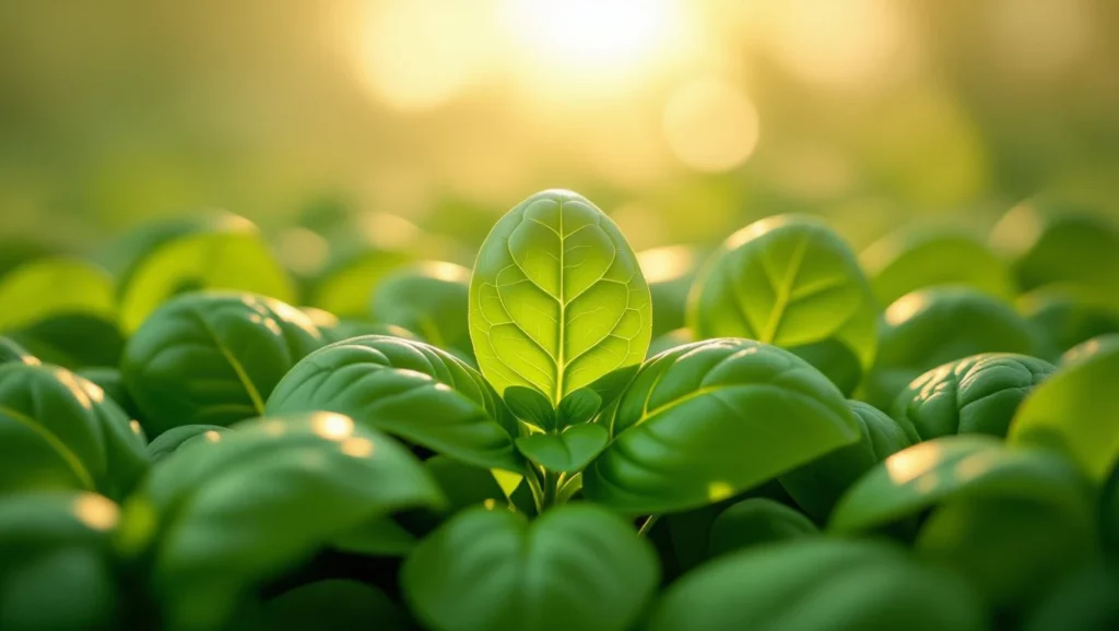 Friss spenótlevelek napfényben, egészséges és élettel teli növények között, utalva az egészség és megújulás szimbólumára.