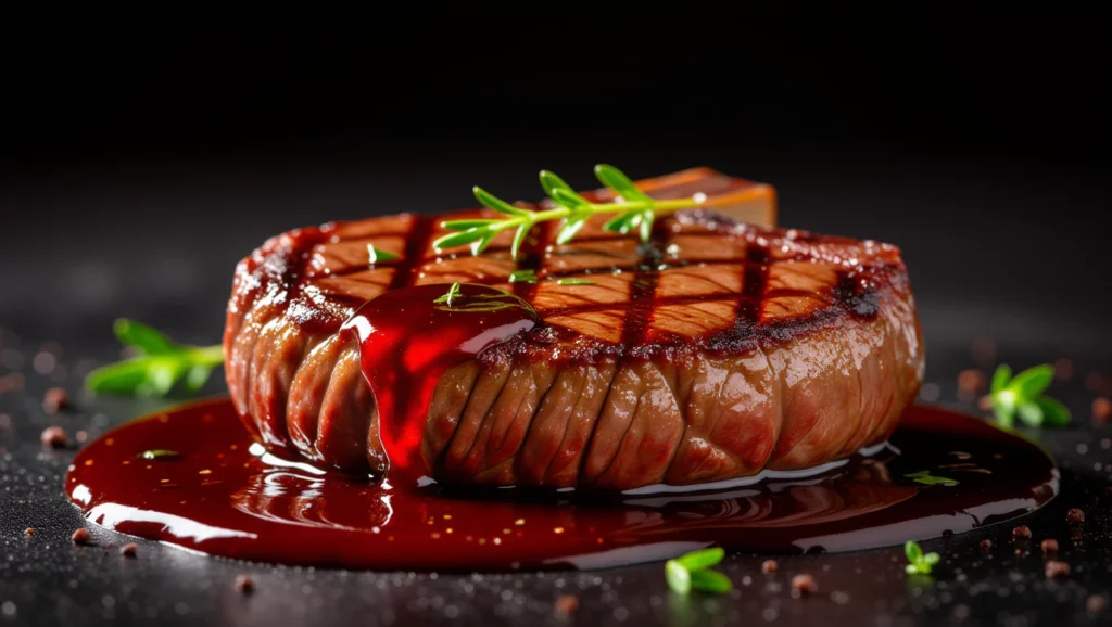 Egy szaftos steak, gazdag vörös mártással és friss fűszernövényekkel díszítve, sötét háttér előtt.