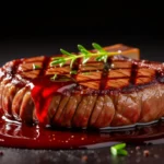 Egy szaftos steak, gazdag vörös mártással és friss fűszernövényekkel díszítve, sötét háttér előtt.
