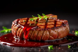 Egy szaftos steak, gazdag vörös mártással és friss fűszernövényekkel díszítve, sötét háttér előtt.