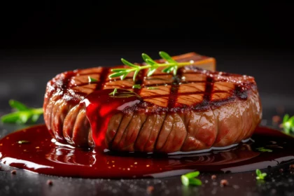 Egy szaftos steak, gazdag vörös mártással és friss fűszernövényekkel díszítve, sötét háttér előtt.