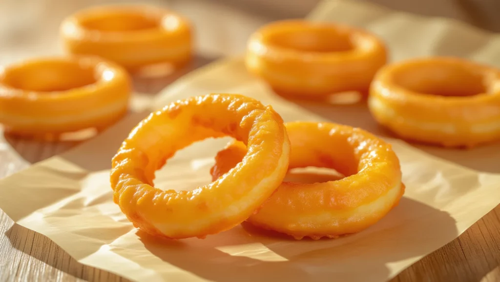 Frissen sült, aranybarna hagymakarikák egy papíralátéten, mellette még több.