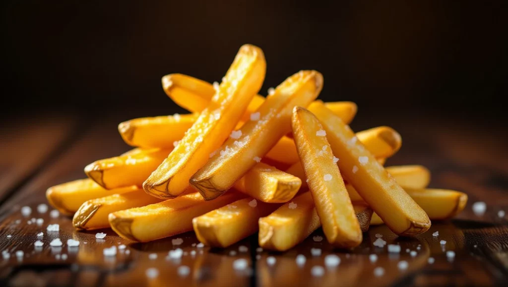 Frissen sült, ropogós sült krumplik halmaza, enyhén megszórva sóval, sötét háttér előtt.