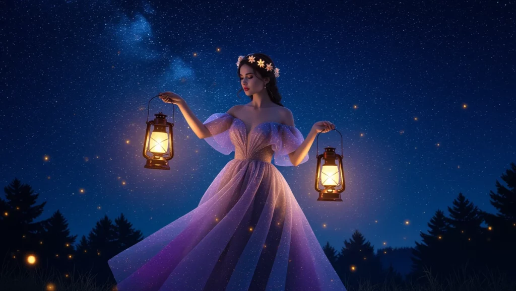 Egy nő csillagfényes éjszakában, lámpásokat tartva, álmodozó arccal.