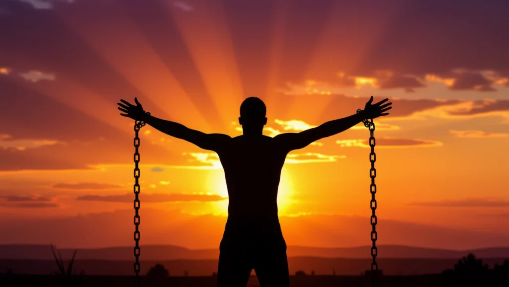 Egy férfi láncokkal a kezében, a naplementében szabadulásra vágyik.