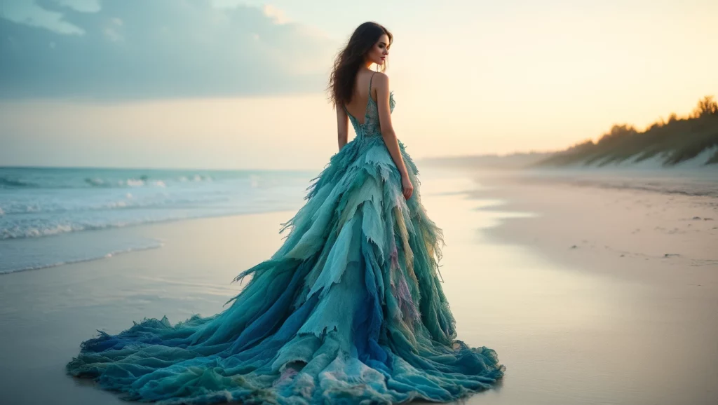 A tengerparton álló nő, akinek gyönyörű, szakadt ruhája a víz színeit idézi.