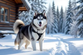 Egy szánhúzó kutya, valószínűleg husky, áll a hóval borított tájban, egy fából készült ház előtt.