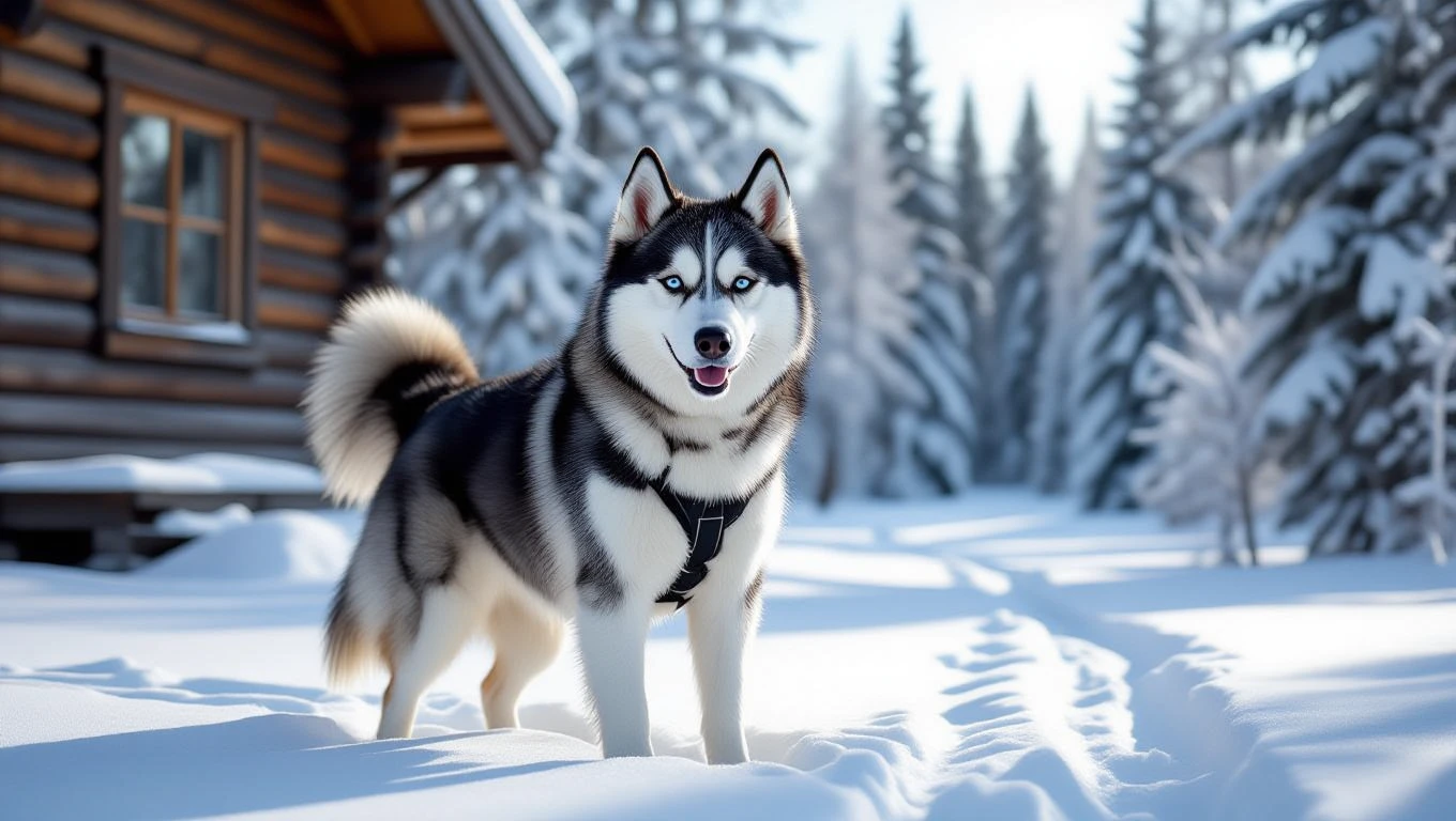 Egy szánhúzó kutya, valószínűleg husky, áll a hóval borított tájban, egy fából készült ház előtt.