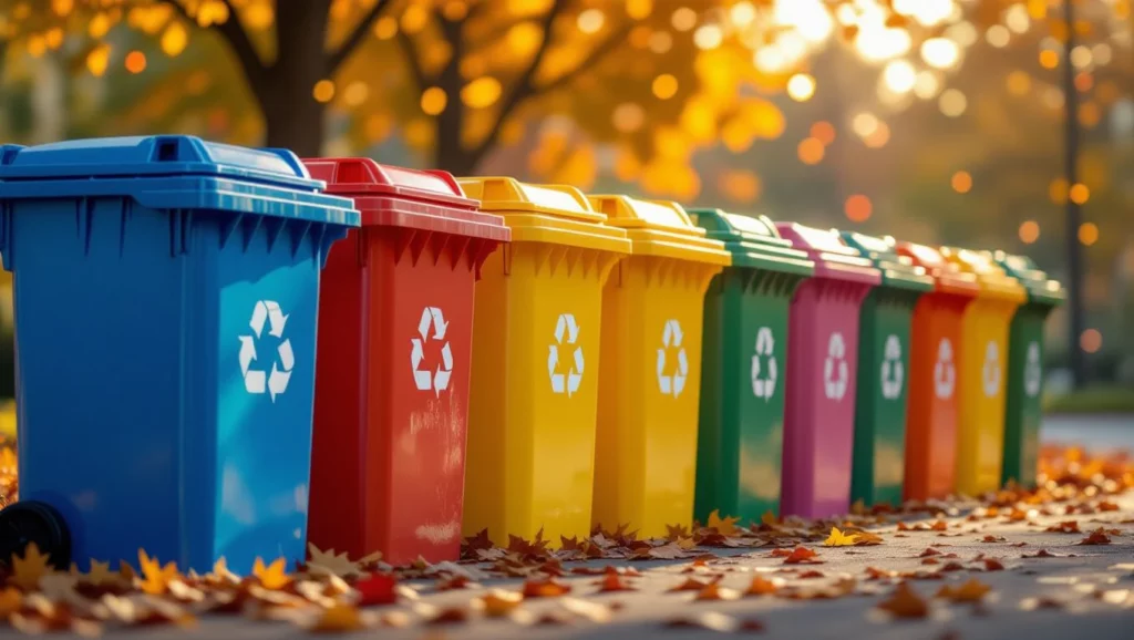 Színes szelektív kukák sorakoznak egy parkban, őszies környezetben.