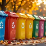 Színes szelektív kukák sorakoznak egy parkban, őszies környezetben.